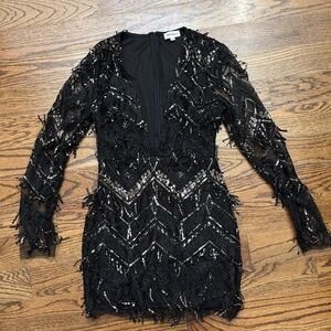 Elegant Black Superdown Sequin Dress with Deep V neckline, Size XS